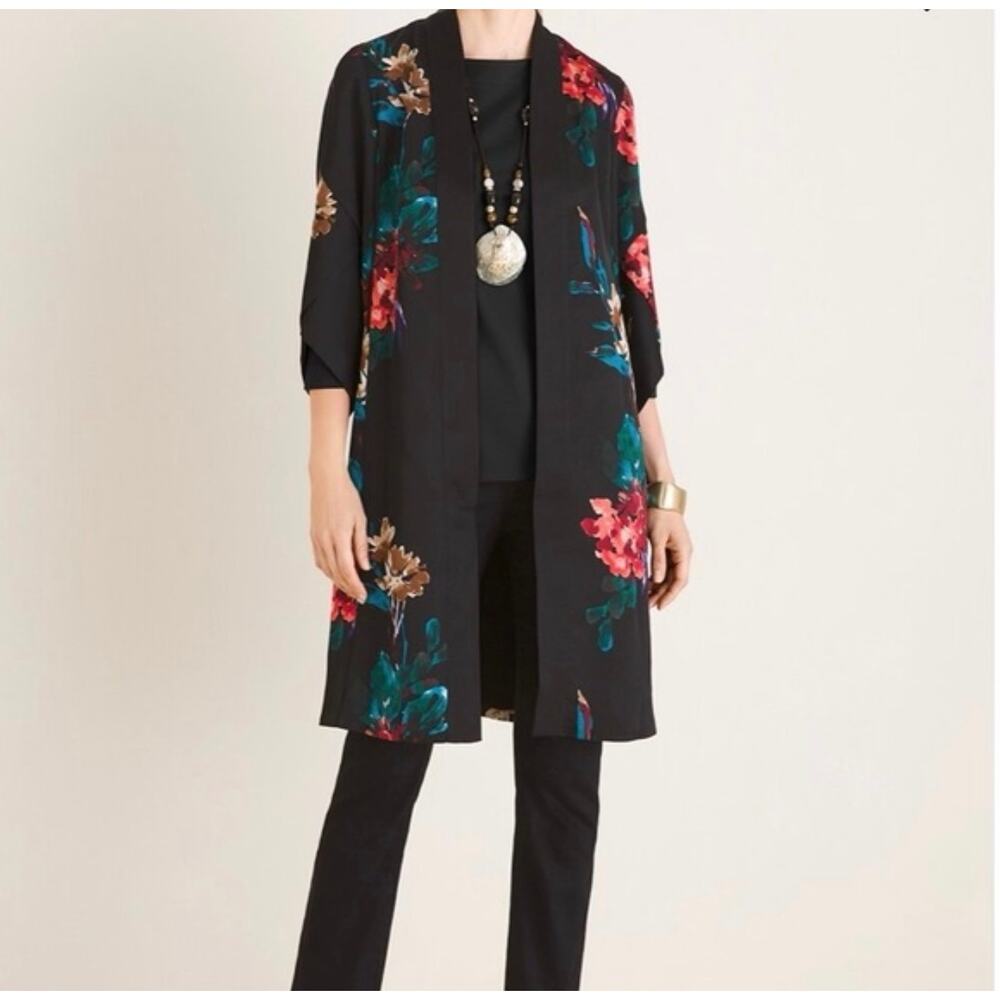 Chico's Drama Duster black floral tulip sleeve jacket-Size 1 (8-10)